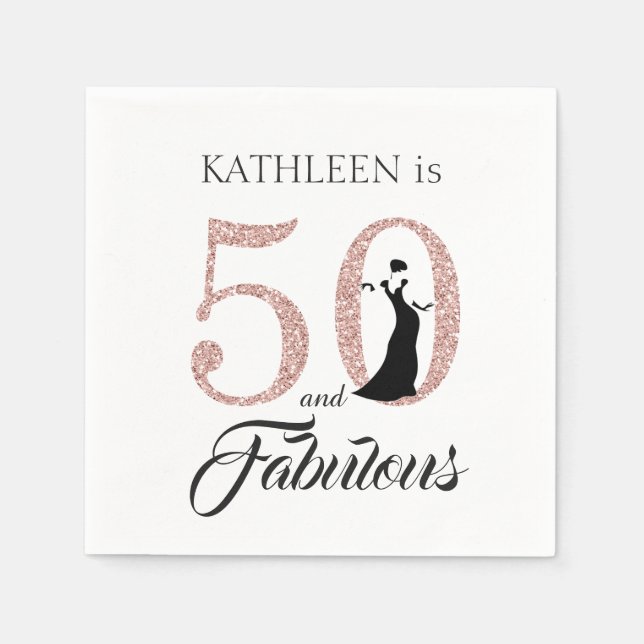 50 and Fabulous Pink Glitter Birthday Party Napkins (Front)