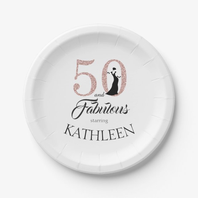 50 and Fabulous Pink Glitter Custom Name Paper Plates (Front)