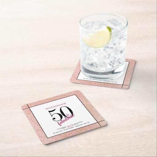 50 and Fabulous Pink Glitter Party Invitation Square Paper Coaster Zazzle