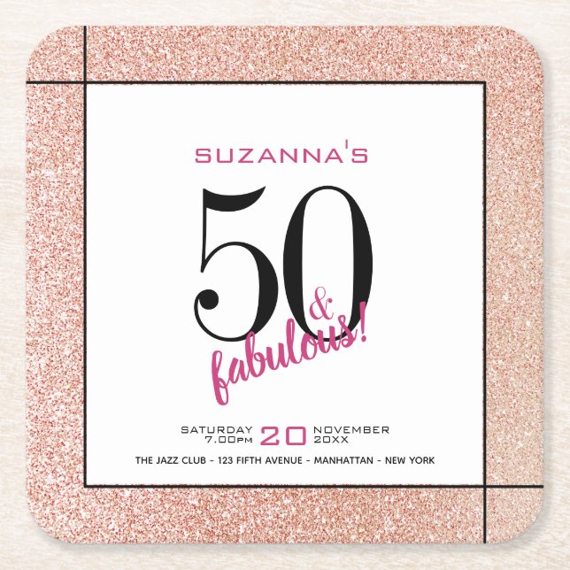 50 and Fabulous Pink Glitter Party Invitation Square Paper Coaster (Front)