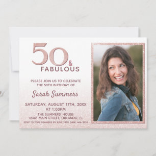 50 and Fabulous Pink Glitter Photo 50th Birthday Invitation