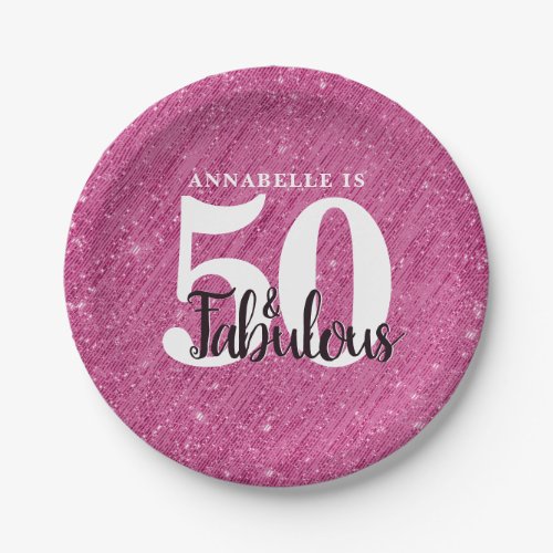 50 and Fabulous Pink Glitter Sparkle Birthday Glam Paper Plates