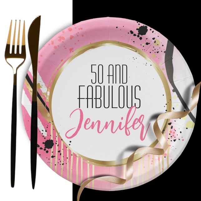 50 and Fabulous Pink Gold Black Modern Abstract Paper Plates (Creator Uploaded)