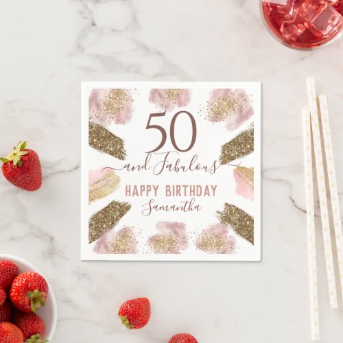 50 and Fabulous Pink Gold Glitter Birthday  Napkins