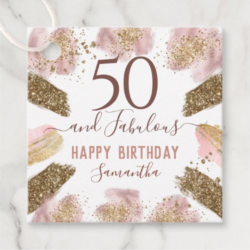 50 and Fabulous Pink Gold Glitter Paint Favor Tags