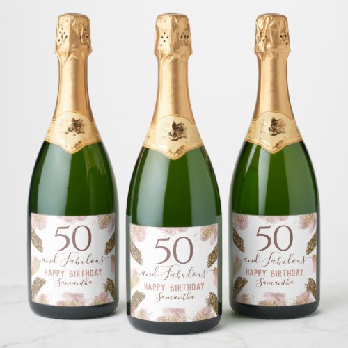 50 and Fabulous Pink Gold Glitter Sparkling Wine Label
