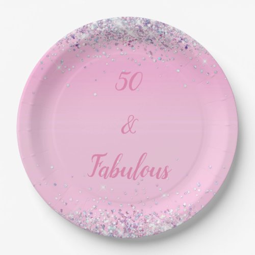 50 and Fabulous Pink Holographic Glitter Paper Plates