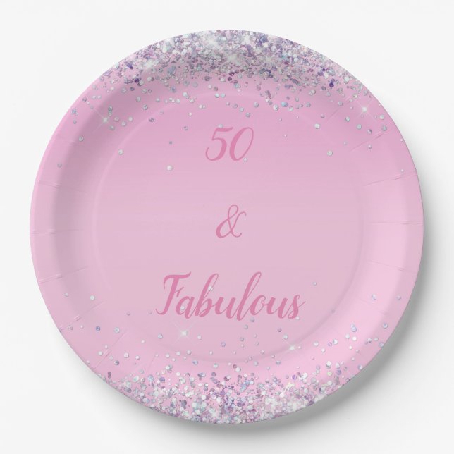50 and Fabulous Pink Holographic Glitter Paper Plates (Front)