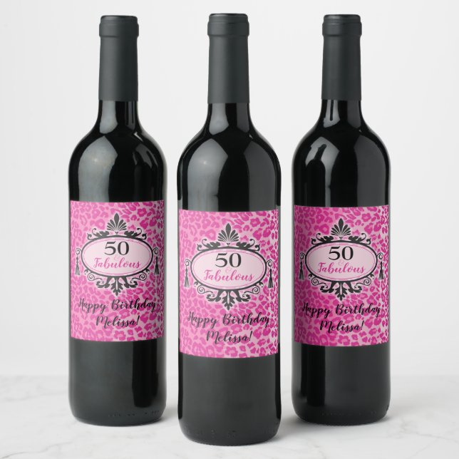 50 and Fabulous Pink Leopard Happy 50th Birthday Wine Label (Bottles)