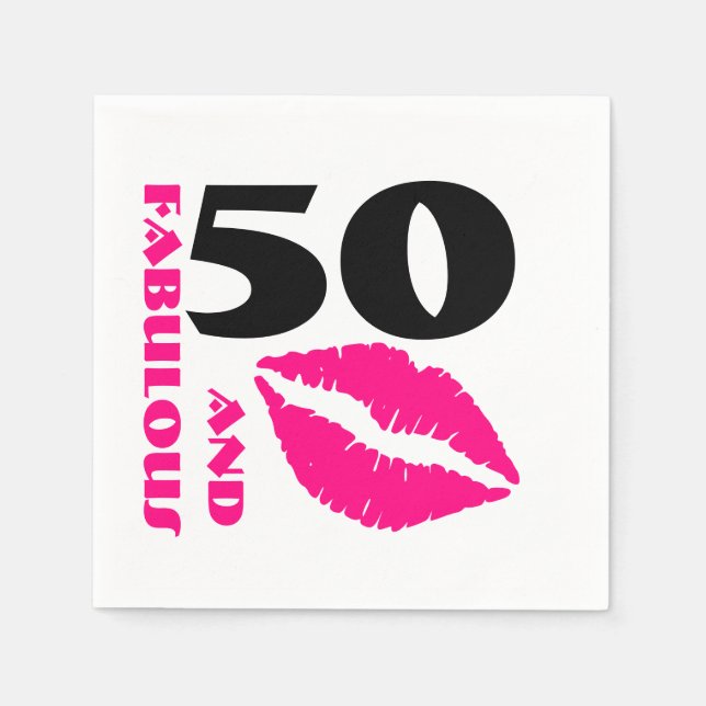 50 and Fabulous Pink lipstick 50th Birthday Party Napkins (Front)
