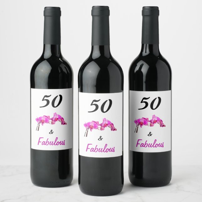 50 and fabulous pink on white elegant orchid photo wine label (Bottles)
