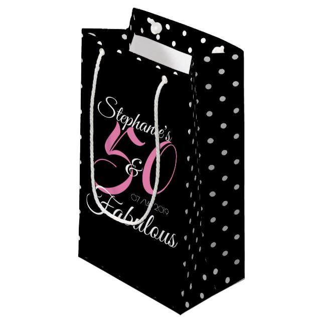 50 and Fabulous Pink Personalized Birthday Party Small Gift Bag (Front Angled)