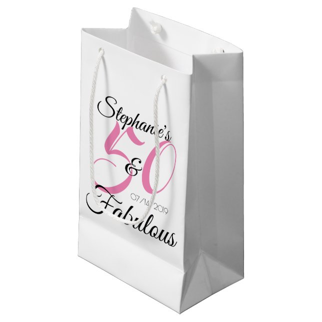 50 and Fabulous Pink Personalized Birthday Party Small Gift Bag (Front Angled)