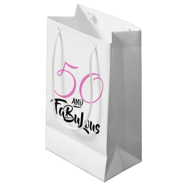 50 and Fabulous Pink Personalized Birthday Party Small Gift Bag (Front Angled)