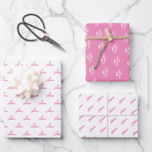 50 and Fabulous Pink Personalized Birthday Party W Wrapping Paper Sheets