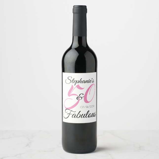 50 and Fabulous Pink Personalized Birthday Party Wine Label (Front)