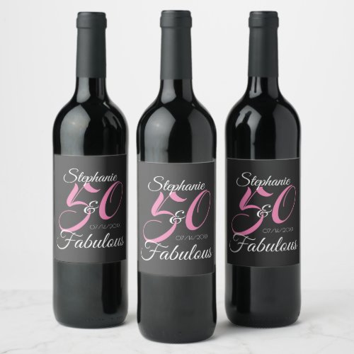 50 and Fabulous Pink Personalized Birthday Party  Wine Label