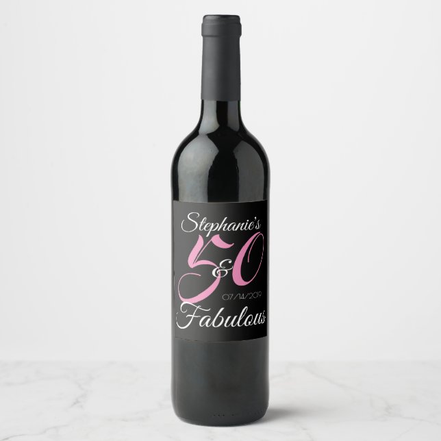 50 and Fabulous Pink Personalized Birthday Party Wine Label (Front)