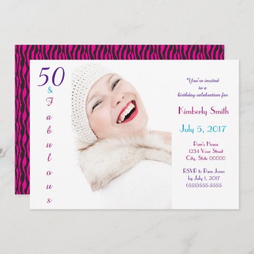 50 and Fabulous Pink Purple Blue Birthday Custom Invitation