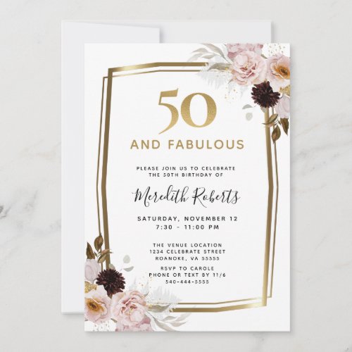 50 and Fabulous Pink Roses Gold Metallic Birthday  Invitation