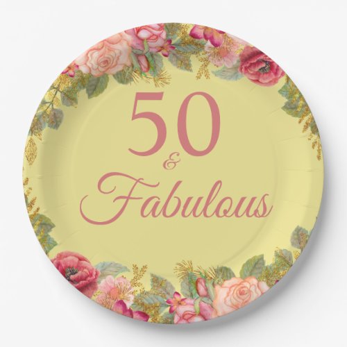50 And Fabulous Pink Roses With Touches Of Gold Paper Plates