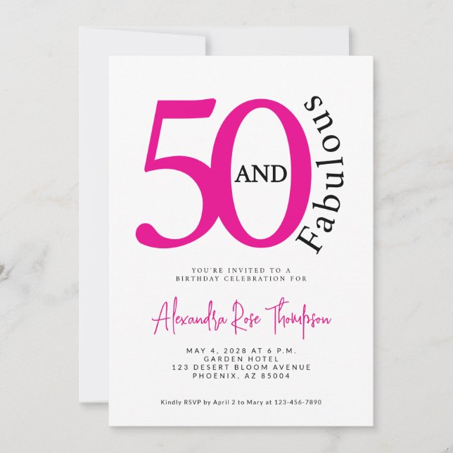 50 and Fabulous Pink Script 50th Birthday Party Invitation (Front)