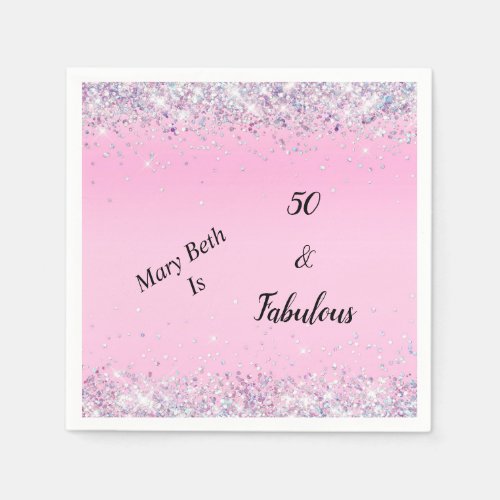 50 and Fabulous Pink Silver Glitter Napkins