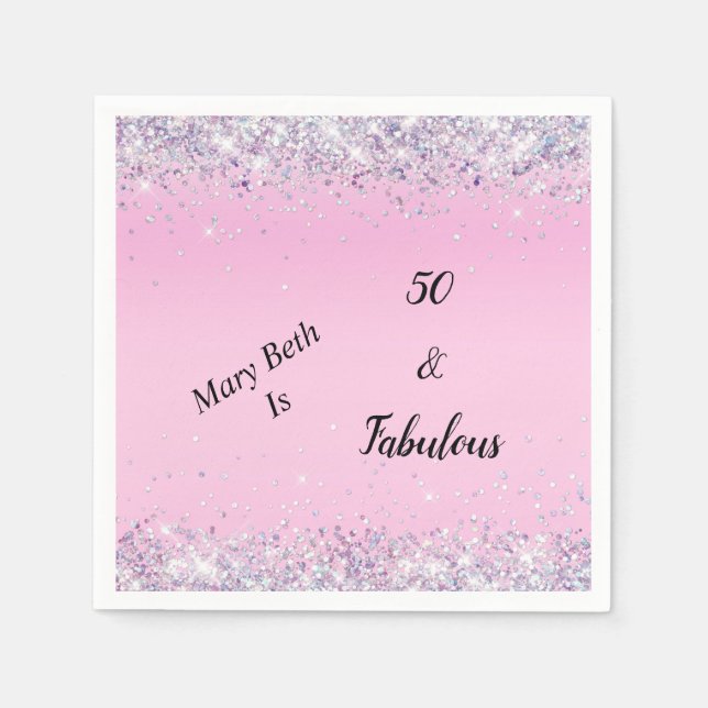 50 and Fabulous Pink Silver Glitter Napkins (Front)