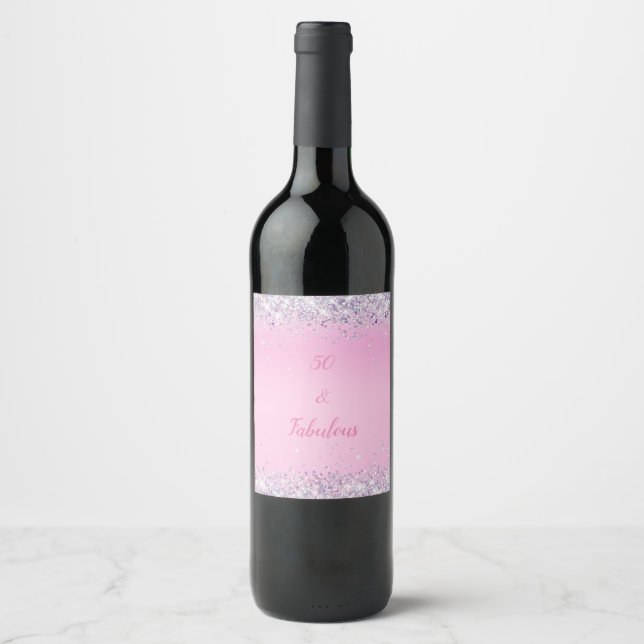 50 and Fabulous Pink Silver Glitter Wine Label (Front)