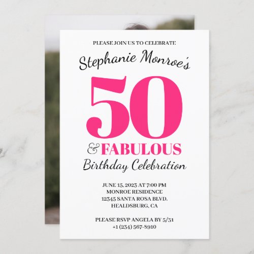 50 and Fabulous Pink Typography Photo Birthday Invitation