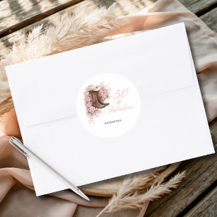 50 and Fabulous Pink Western Floral 50th Birthday Classic Round Sticker