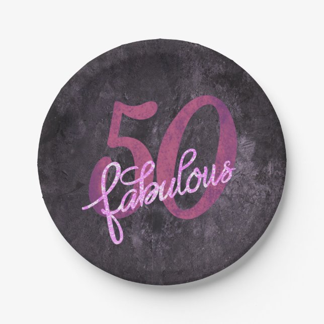 50 and Fabulous | Plum Purple and Pink Grunge Paper Plates (Front)