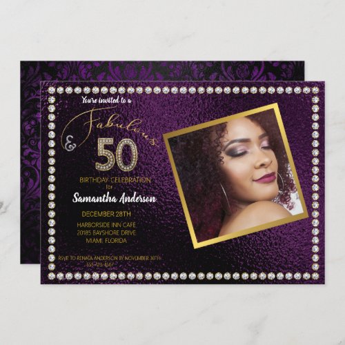 50 and Fabulous Purple Bling 50th Birthday Party Invitation