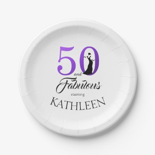 50 and Fabulous Purple Custom Name Birthday Party Paper Plates