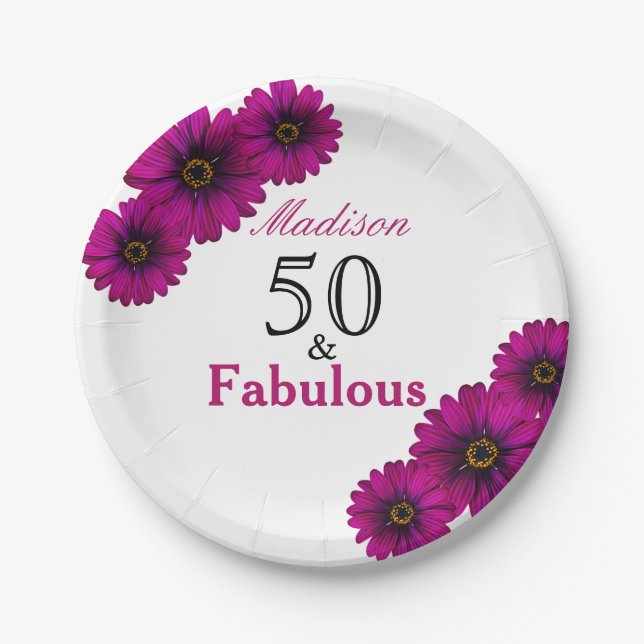 50 and Fabulous purple daisies 50th Birthday Paper Plates (Front)