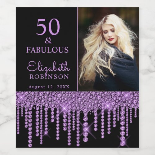 50 and Fabulous Purple Drips Pearl Birthday Party Wine Label