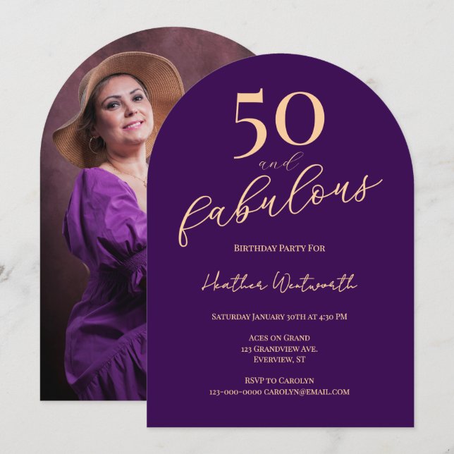 50 and Fabulous Purple Fiftieth Birthday Photo Invitation (Front/Back)