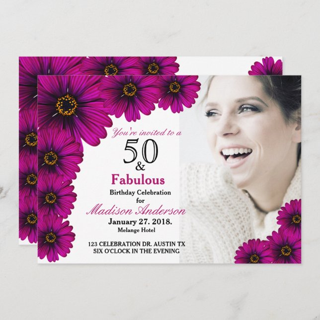 50 and Fabulous purple Floral 50th Photo Birthday Invitation (Front/Back)