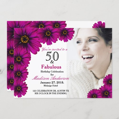 50 and Fabulous purple Floral 50th Photo Birthday Invitation