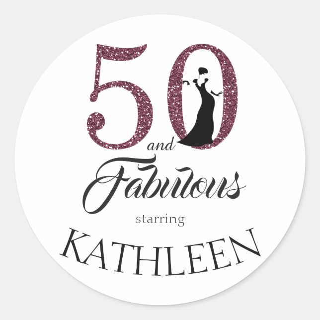 50 and Fabulous Purple Glitter Custom Name Classic Round Sticker (Front)