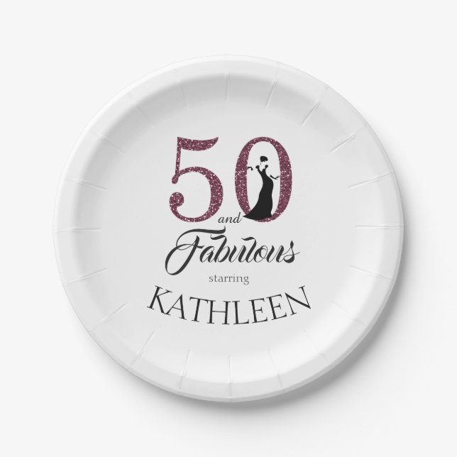 50 and Fabulous Purple Glitter Custom Name Paper Plates (Front)