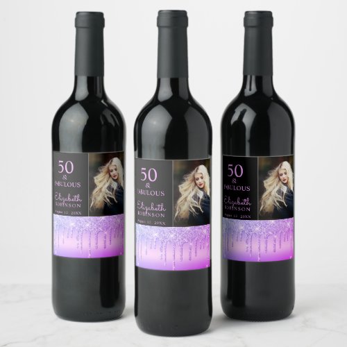 50 and Fabulous Purple Glitter Drip Birthday Party Wine Label