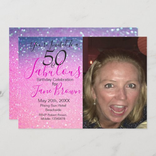 50 and Fabulous Purple Glitter Pink Invitation