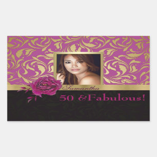 50 and Fabulous Purple Gold Damask Photo Birthday Rectangular Sticker