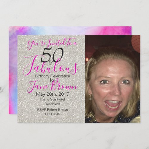50 and Fabulous Purple  Silver and Pink invitation