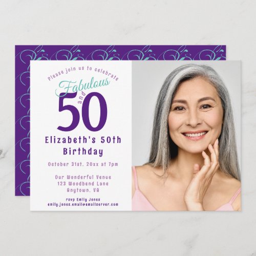 50 and Fabulous Purple Turquoise typography Invitation