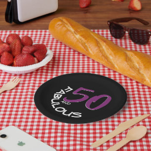50 and Fabulous Purple White Typography Birthday Paper Plates