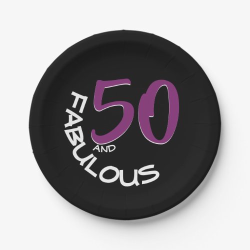 50 and Fabulous Purple White Typography Birthday Paper Plates