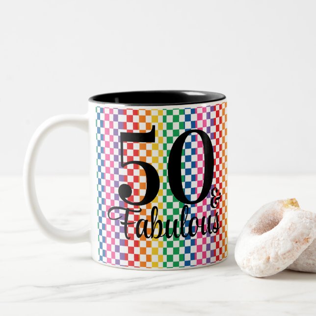 50 and Fabulous Rainbow Checkered Nurse Mug (With Donut)
