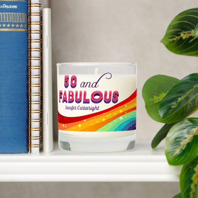 50 and Fabulous Rainbow Custom 50th Birthday Gift Scented Candle (Shelf)